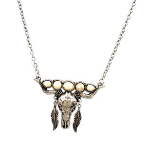 Longhorn with Feather Bohemian Pendant Necklace