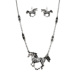 Western Textured Horse Necklace Earrings Set