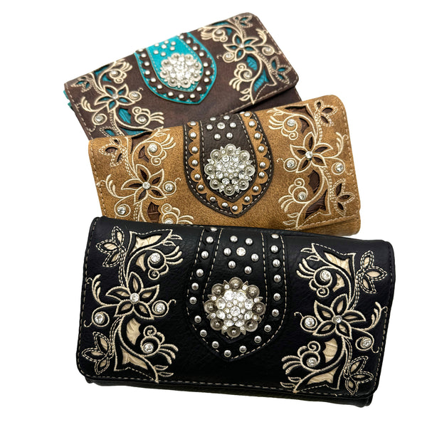 Rhinestone Concho Floral Crossbody Wallet