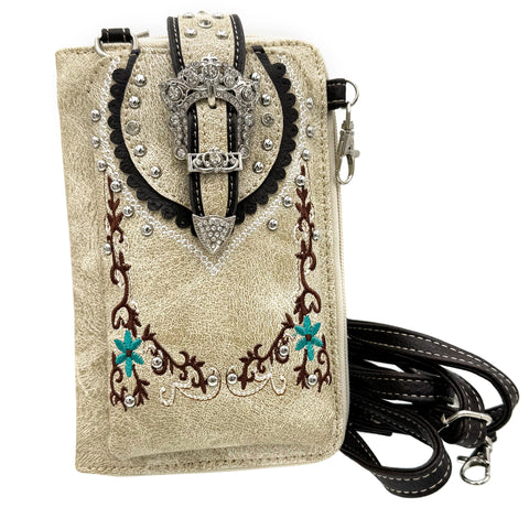 Crown Buckle Western Embroidered Floral Phone Wallet