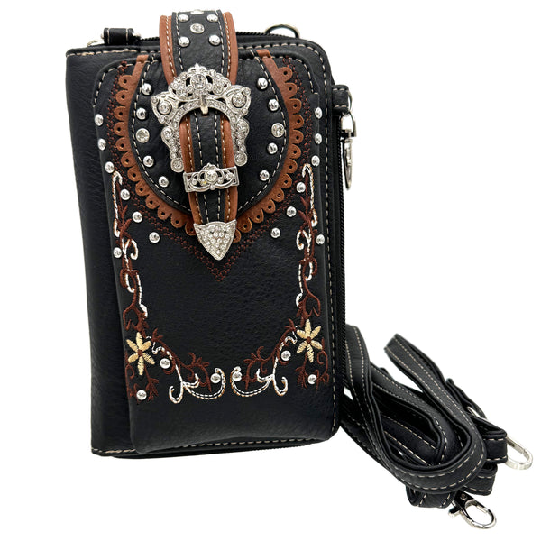 Crown Buckle Western Embroidered Floral Phone Wallet