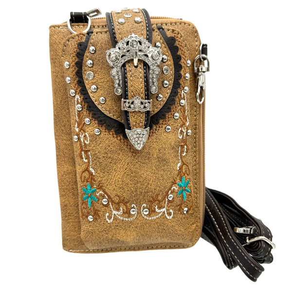 Crown Buckle Western Embroidered Floral Phone Wallet