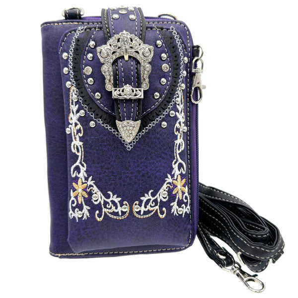 Crown Buckle Western Embroidered Floral Phone Wallet