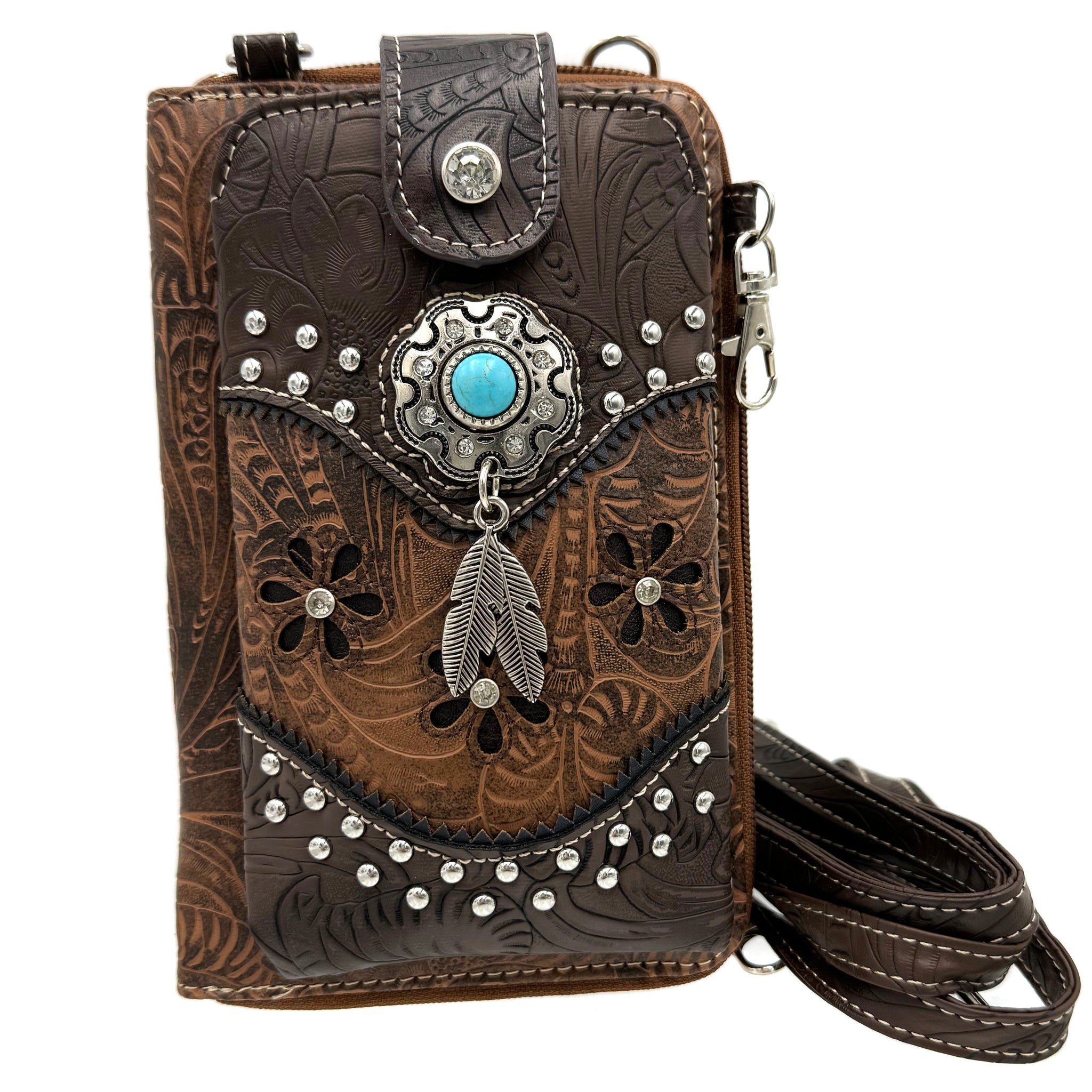 Turquoise Stone Feather Tooled Leather Western Phone Wallet