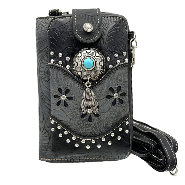 Turquoise Stone Feather Tooled Leather Western Phone Wallet