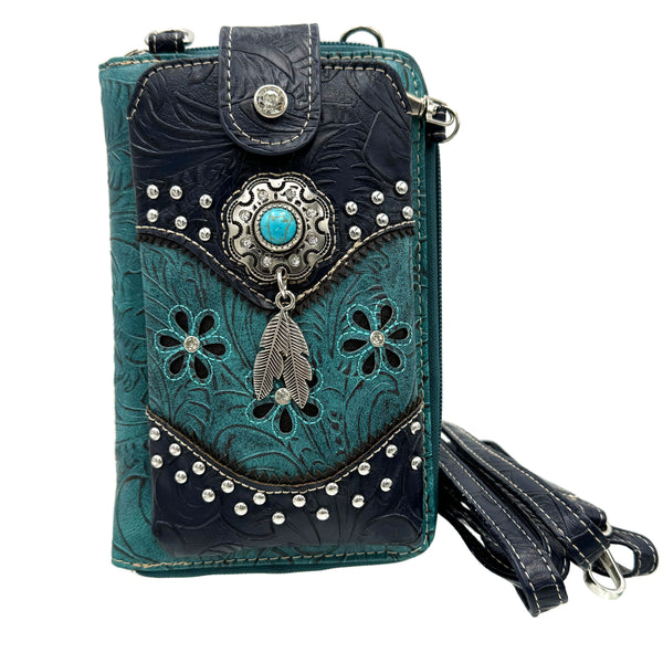 Turquoise Stone Feather Tooled Leather Western Phone Wallet