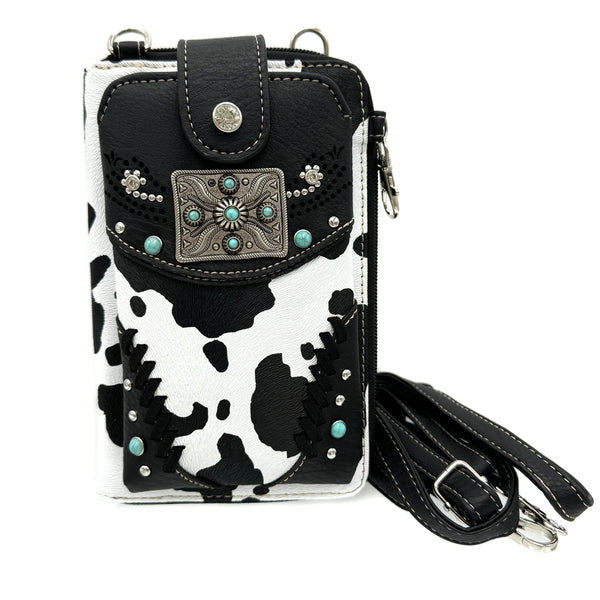 Rectangle Concho Brown Cow Print Western Phone Wallet