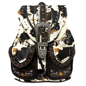 Cow Print Western Leather Buckle Backpack