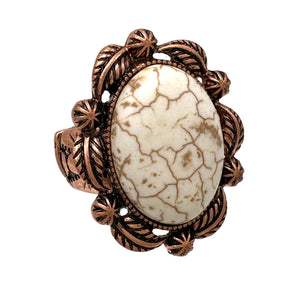 Howlite Oval Stone Leaf Western Copper Stretch Ring