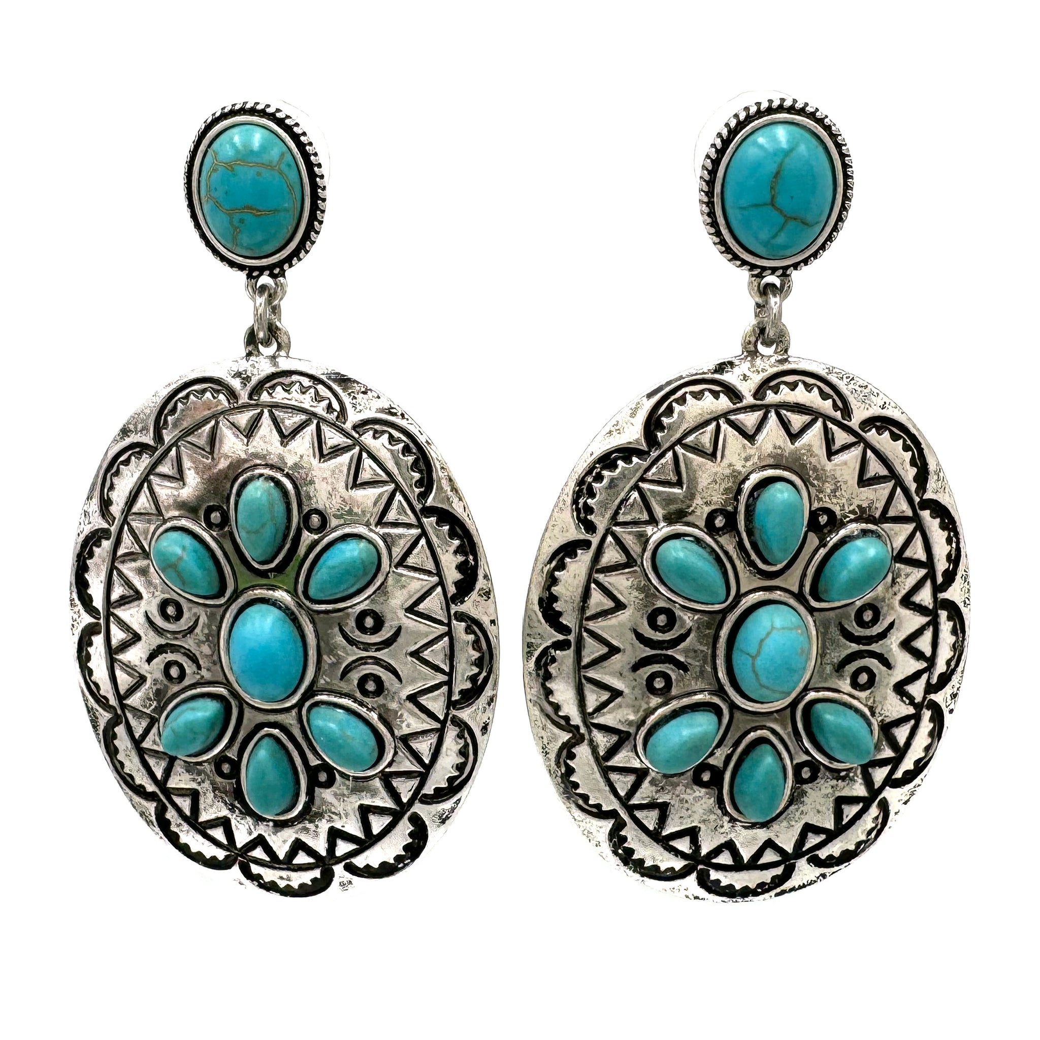 Navajo Turquoise Cabochon Flower Oval Metal Earrings