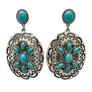 Navajo Turquoise Cabochon Flower Oval Metal Earrings