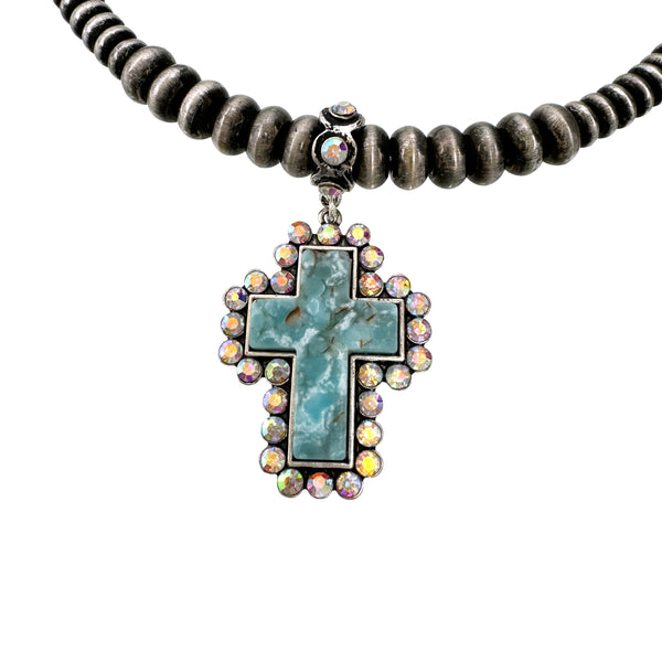 Turquoise Cross Navajo Bead Choker Necklace with Earrings