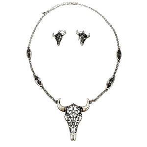 Western Textured Longhorn Necklace Earrings Set