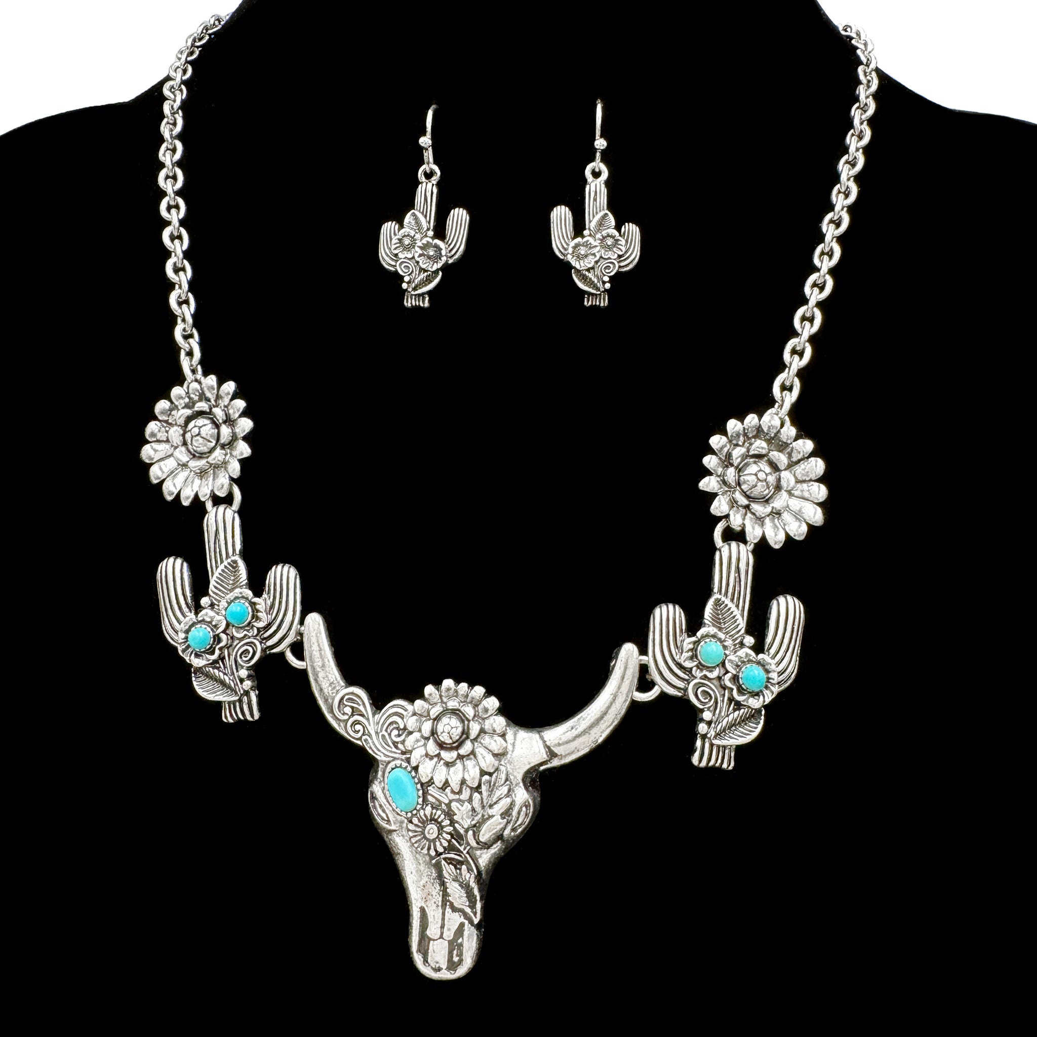 Bohemian Longhorn Cactus Flower Cabochon Western Necklace Set