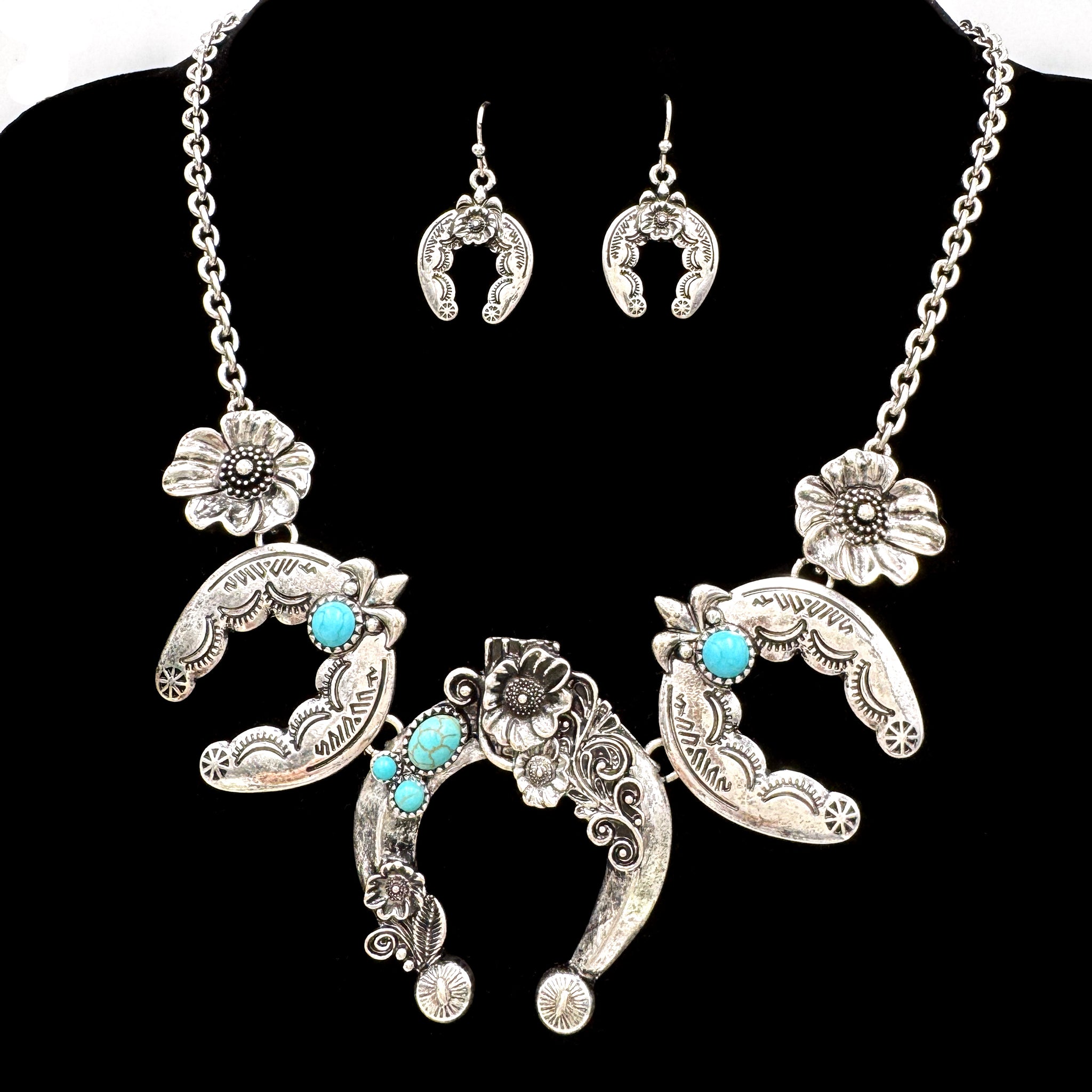 Bohemian Squash Blossom Flower Concho Cabochon Western Necklace Set