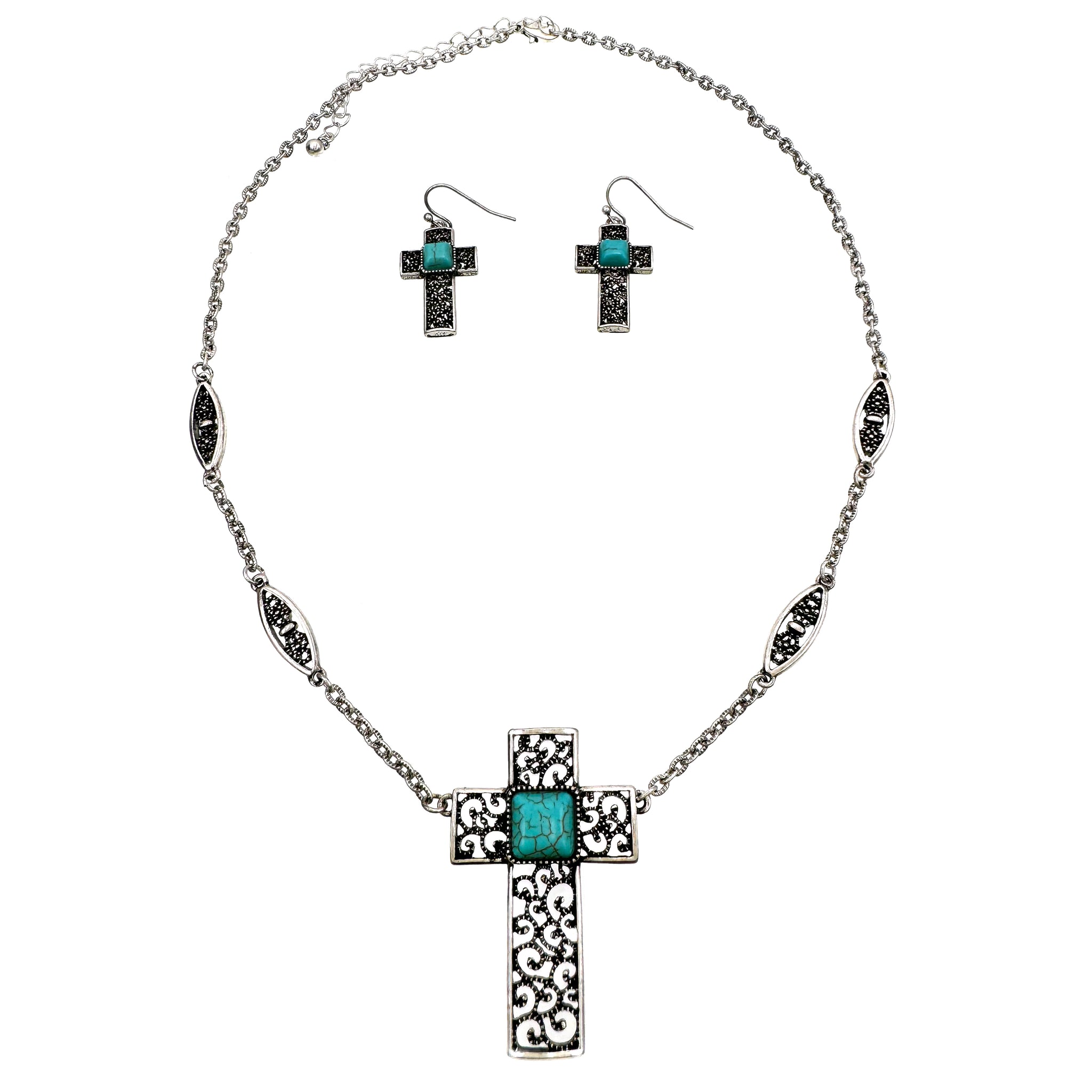 Western Textured Cross Necklace Earrings Set