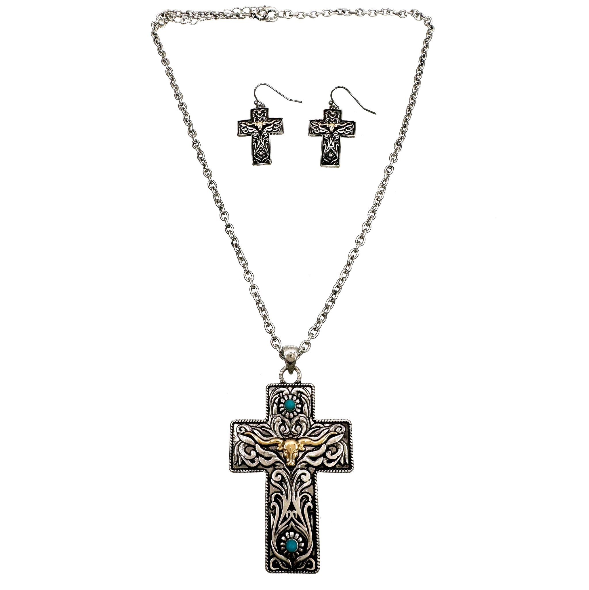 Longhorn Steer Western Cross Pendant Necklace Earrings Set