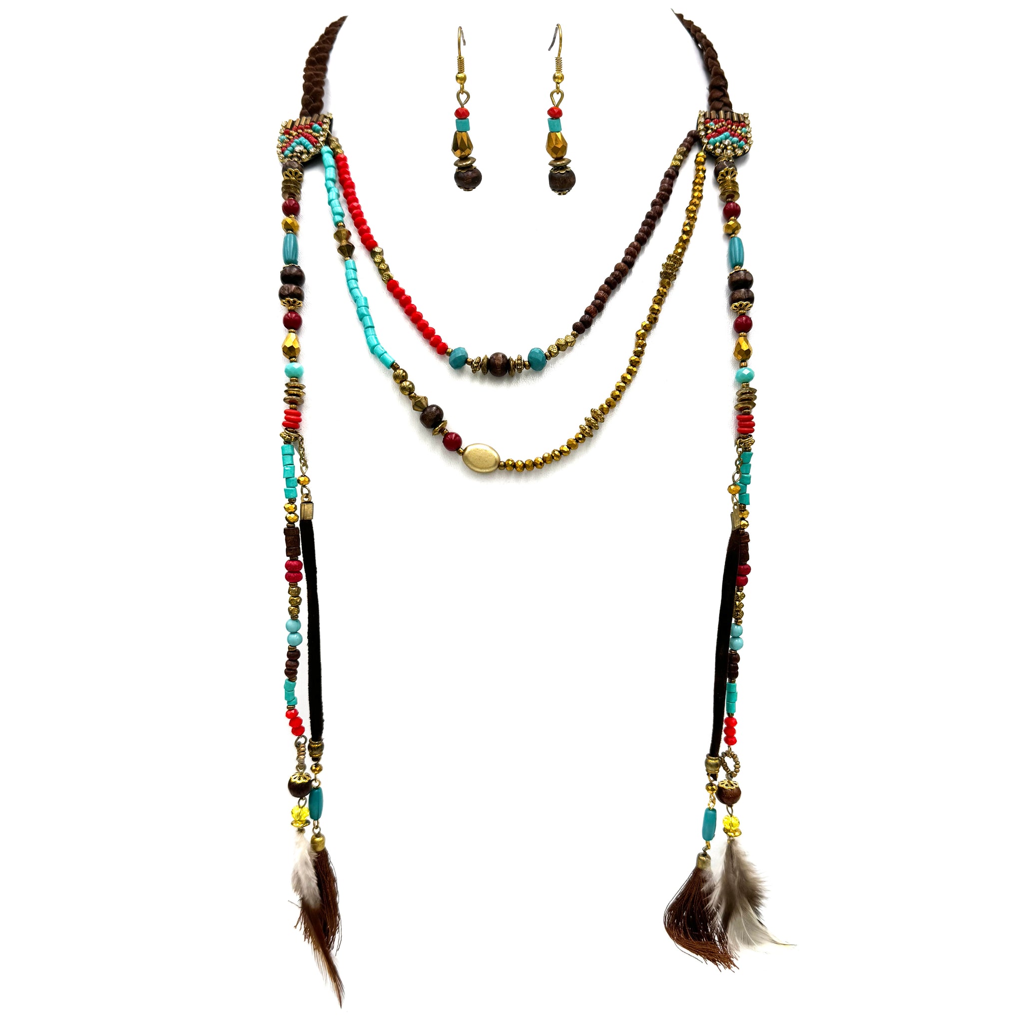 Native Tribal Feather Seed Bead Multi Color Necklace Earrings Set