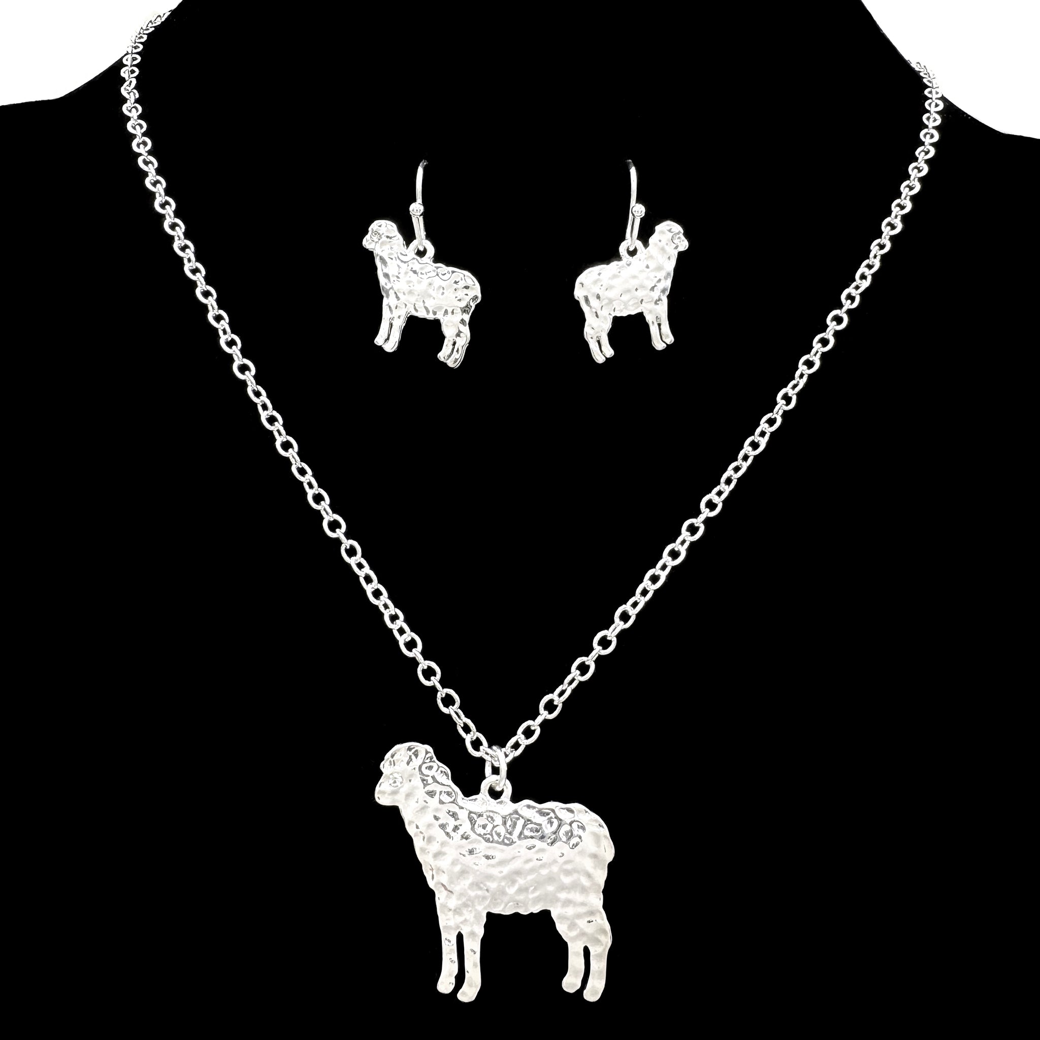 Silver Metal Sheep Necklace Earrings Set