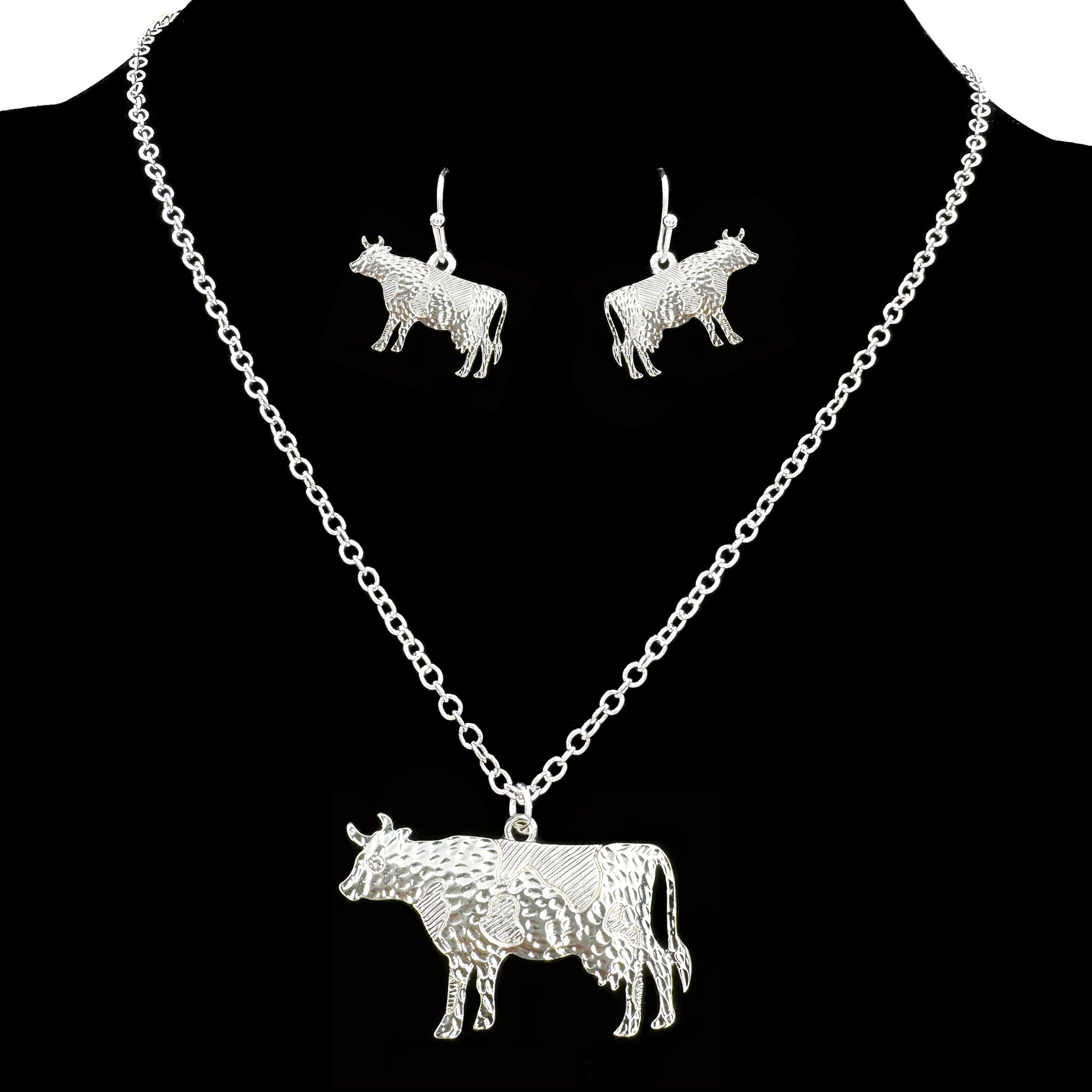 Silver Metal Cow Necklace Earrings Set