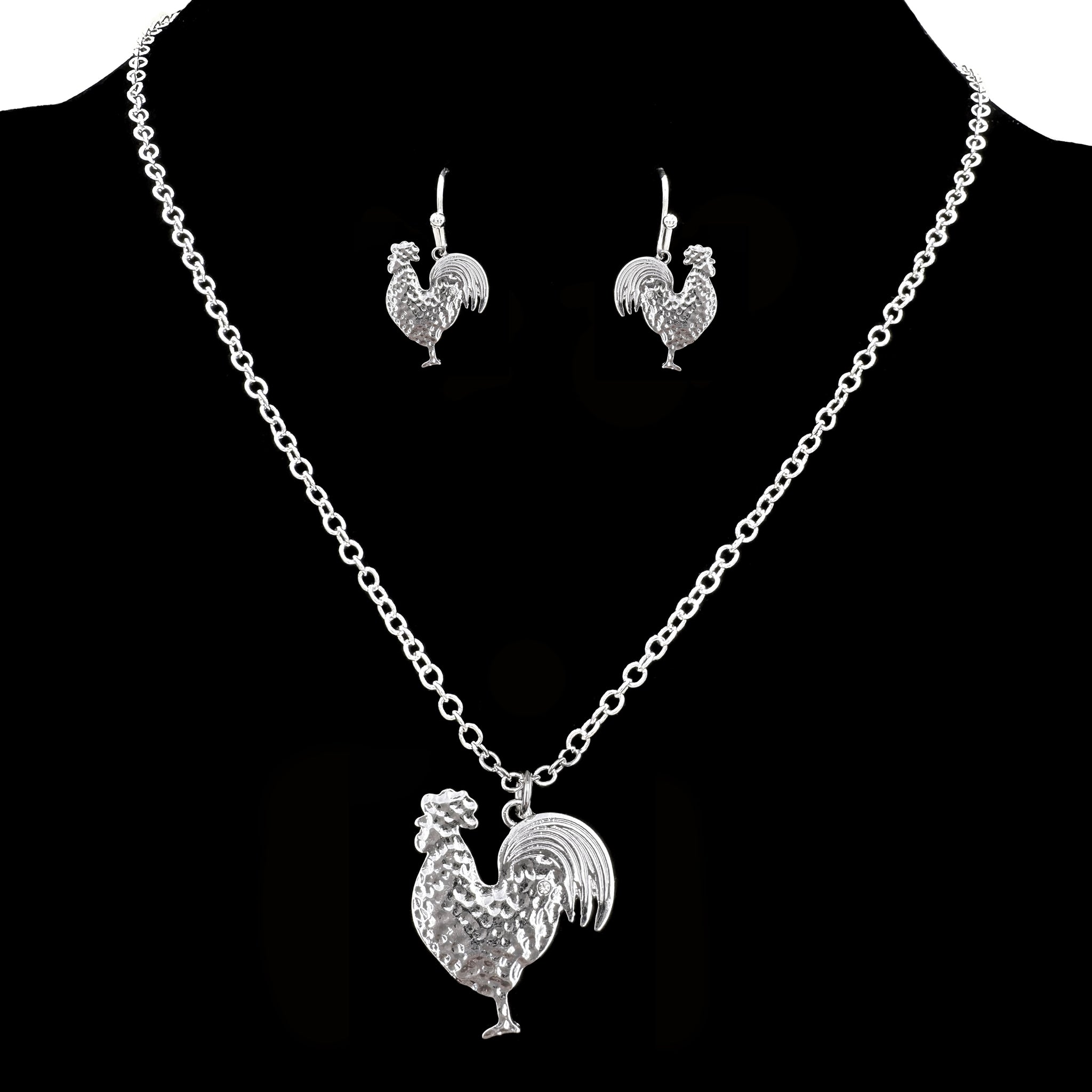 Silver Metal Rooster Necklace Earrings Set