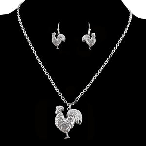 Silver Metal Rooster Necklace Earrings Set