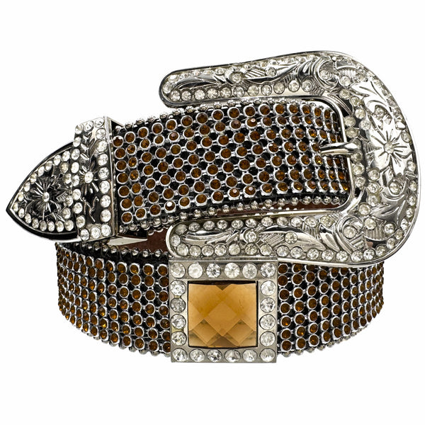 Brown Glass Rhinestone Leather Western Belt