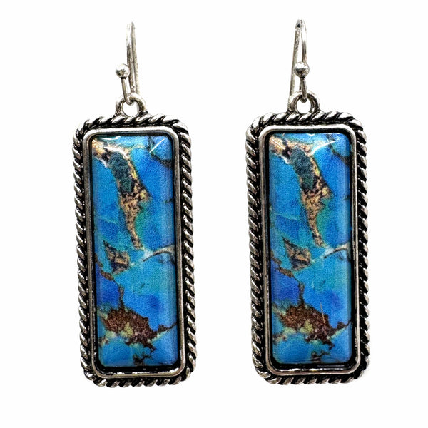 Rectangle Square Turquoise Stone Western Dangle Earrings