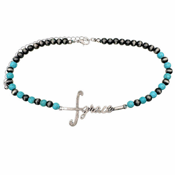 Grace Cross Turquoise Beaded Choker Set