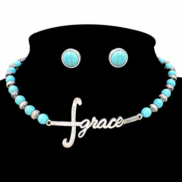 Grace Cross Turquoise Beaded Choker Set