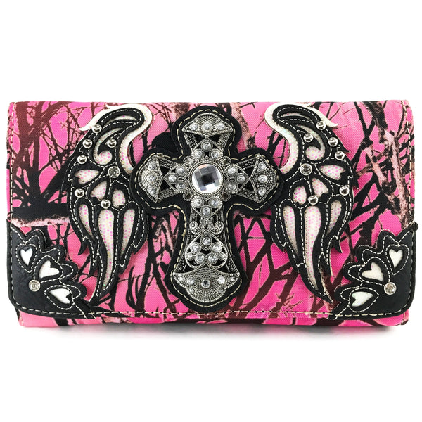 Cross Angel Wings Tree Camouflage Women's Crossbody Wallet