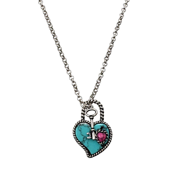 Heart Lock and Key Turquoise Necklace