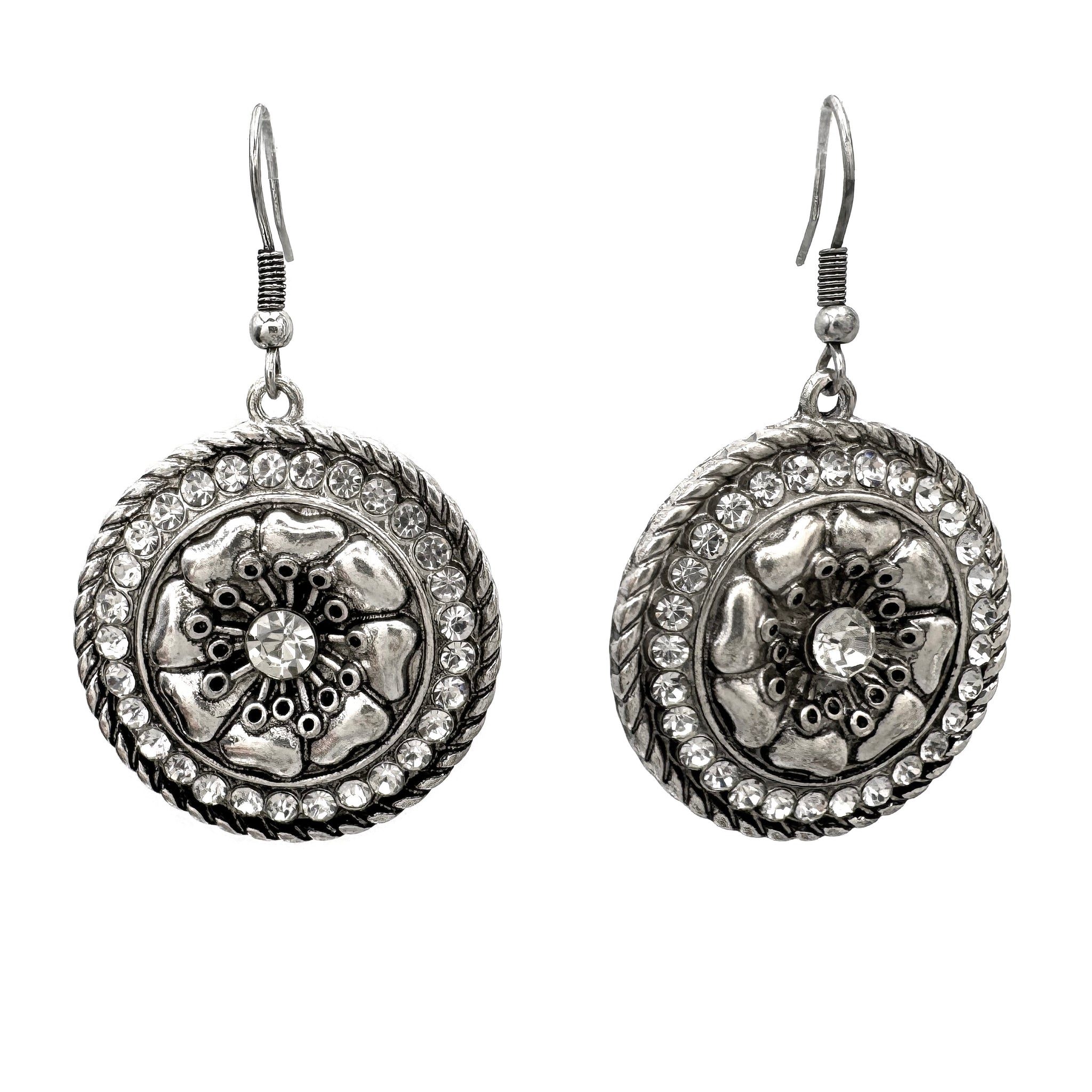 Circle Silver Flower Rhinestone Metal Earrings