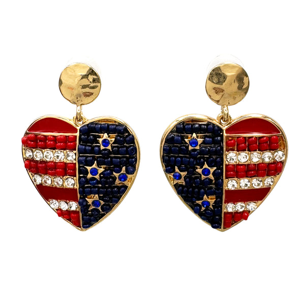 US Flag Color Heart Gold Earrings