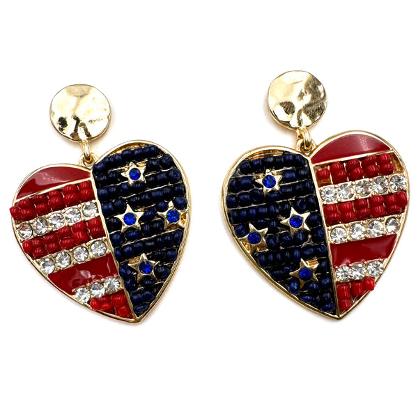 US Flag Color Heart Gold Earrings