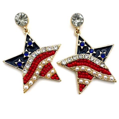 US Flag Color Star Gold Earrings