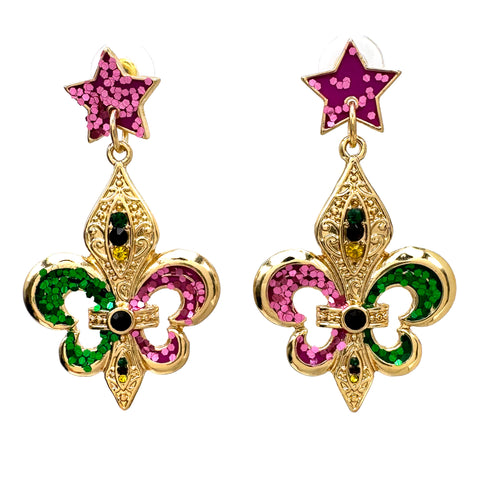 Mardi Gras Star Gold Fleur De Lis Earrings