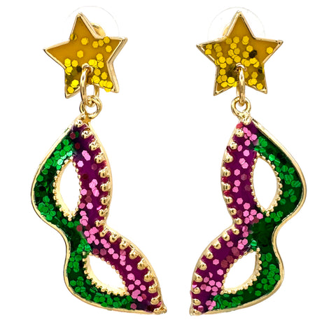 Mardi Gras Star Parade Mask Fleur De Lis Earrings