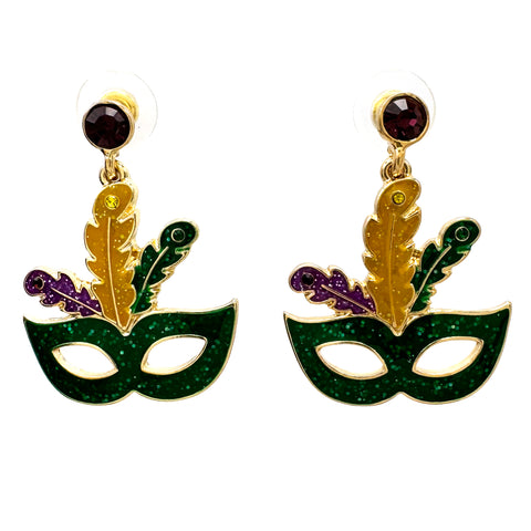 Mardi Gras Feathers Parade Mask Fleur De Lis Earrings