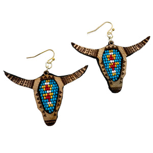 Southwestern Seed Bead Longhorn Wooden Earrings