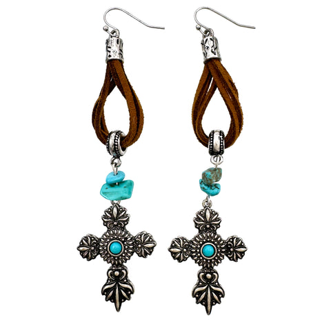 Western Suede Rope Cross Turquoise Dangle Earrings