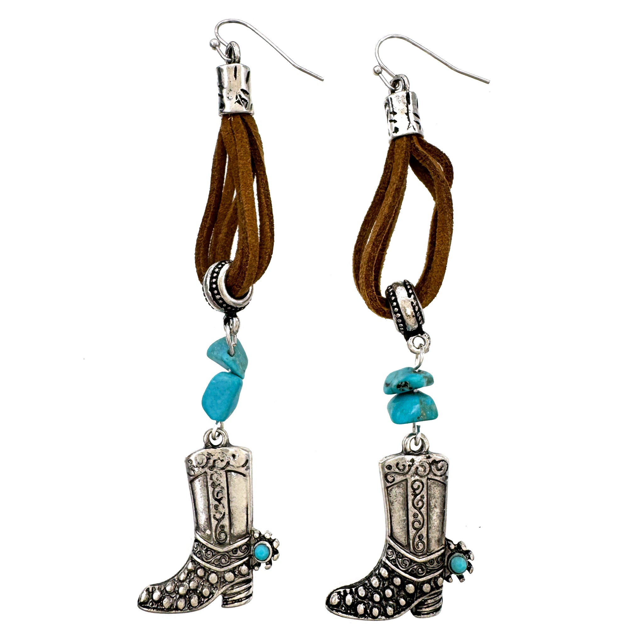 Western Suede Rope Cowboy Boots Turquoise Dangle Earrings