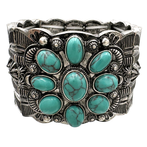 Turquoise Stone Large Metal Chunky Stretch Bracelet