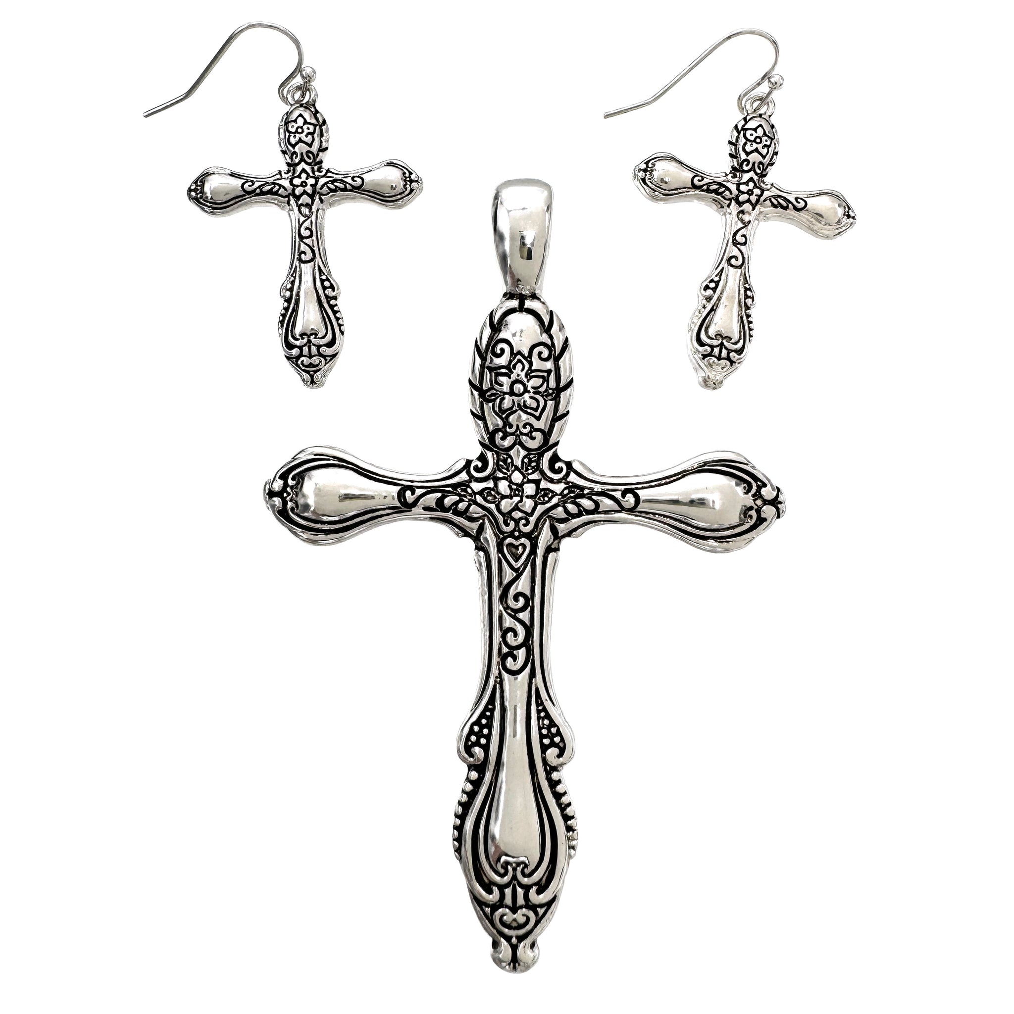 Silver Cross Floral Pendant Earrings Set