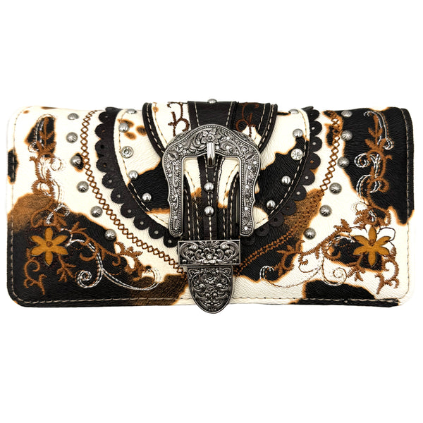 Cow Print Western Leather Buckle Crossbody Wallet