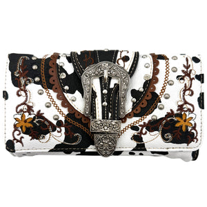 Cow Print Western Leather Buckle Crossbody Wallet