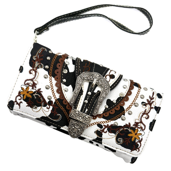 Cow Print Western Leather Buckle Crossbody Wallet