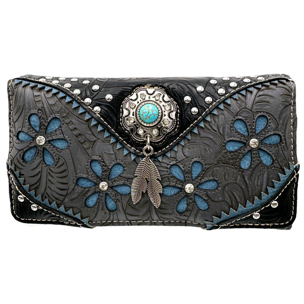 Bessie Turquoise Concho Feather Western Crossbody Wallet