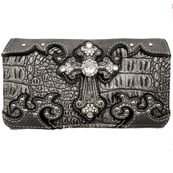 Croc Pu Leather Cross Rhinestone Crossbody Wallet