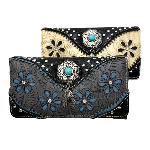 Bessie Turquoise Concho Feather Western Crossbody Wallet